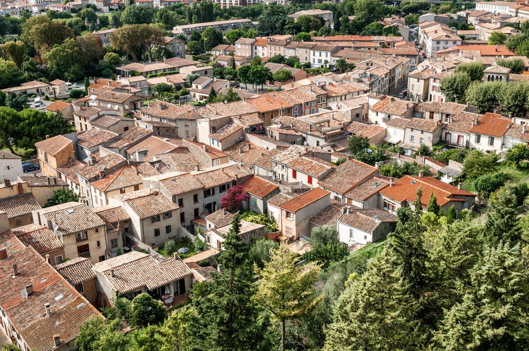 Toits des maisons et arbres à Carcassonne, France